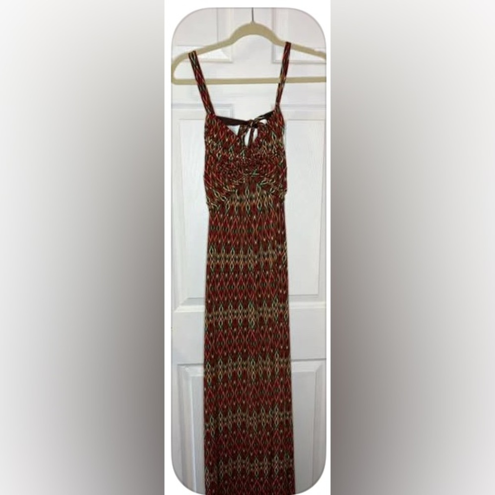 Maurices Red, Brown, and Green Patterned Maxi Dress